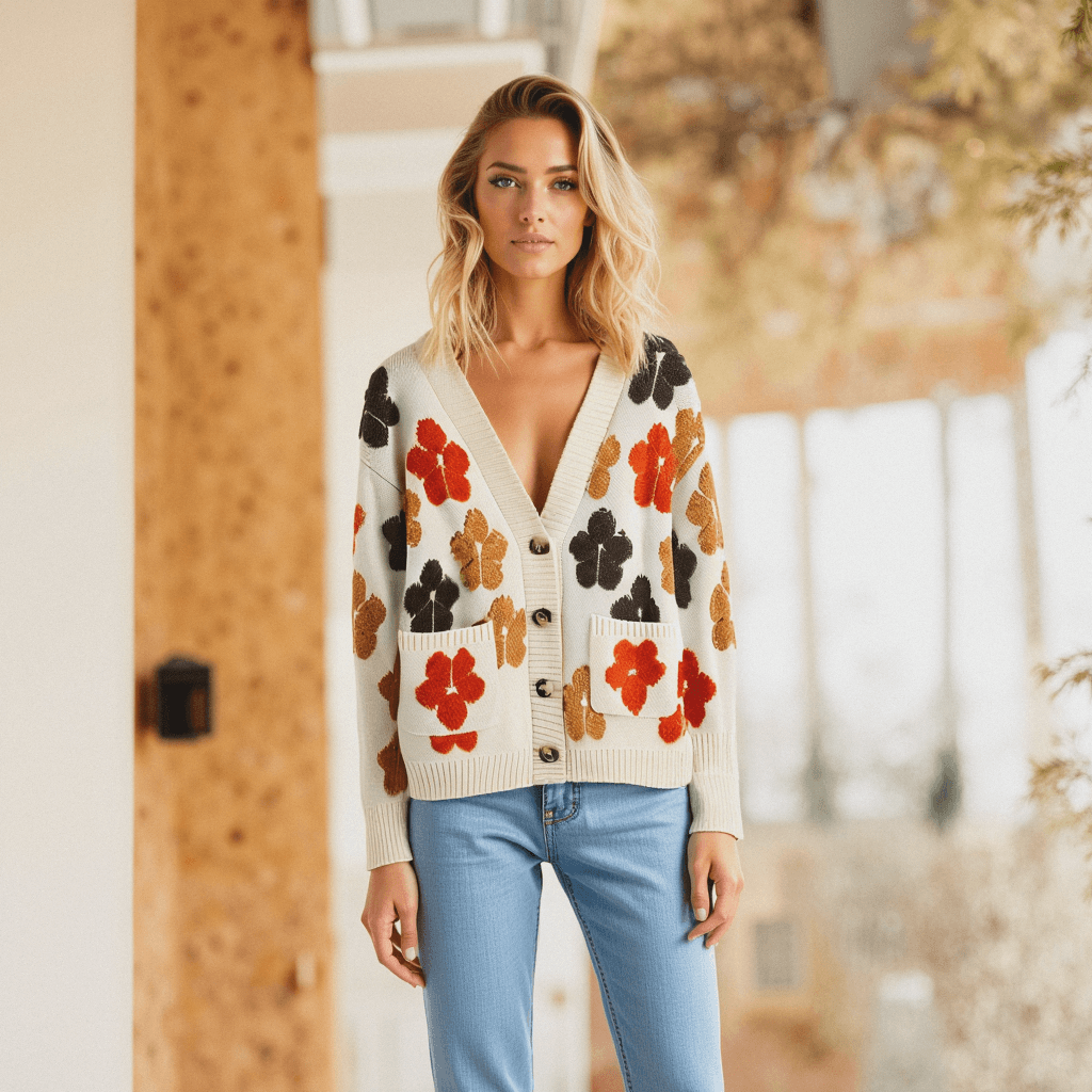 knitted cardigan, floral cardigan, v neck cardigan, long sleeved cardigan