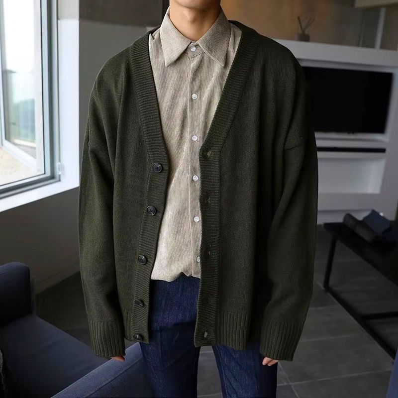 green_Men’s V-Neck Knitted Loose-Fit Cardigan