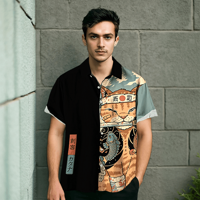 men's shirt, short sleeve shirt, japanese style shirt, cat print shirt