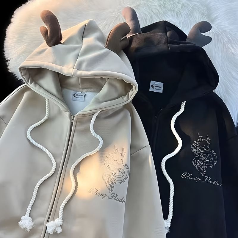 mens hoodie, dragon hoodie, horn hoodie, loose hoodie, oversized hoodie