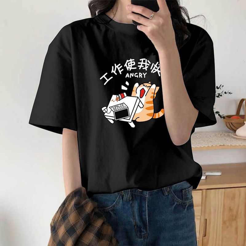 t shirt, cotton t shirt, loose t shirt, cat print t shirt