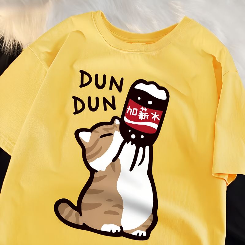 Yellow_Cute Drinking Cat Print Oversized T-Shirt