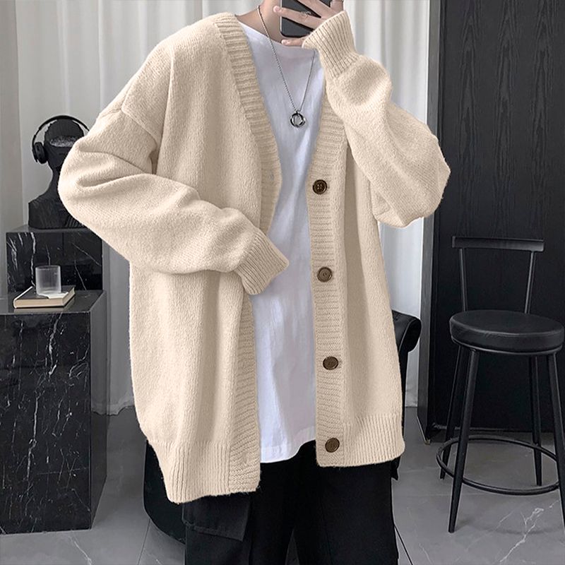 apricot_Men’s V-Neck Knitted Loose-Fit Cardigan