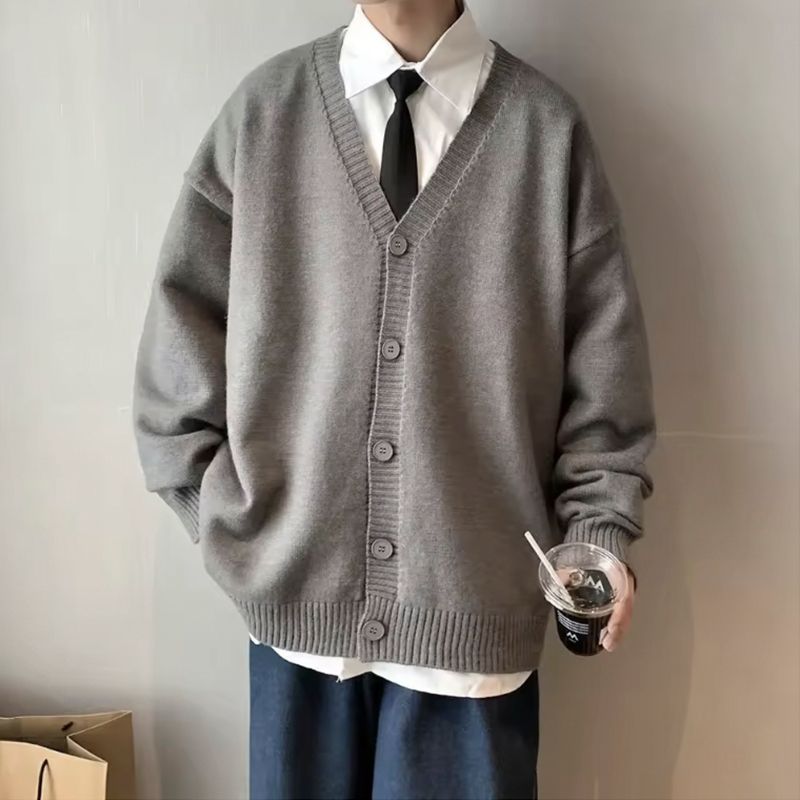 grey_Men’s V-Neck Knitted Loose-Fit Cardigan