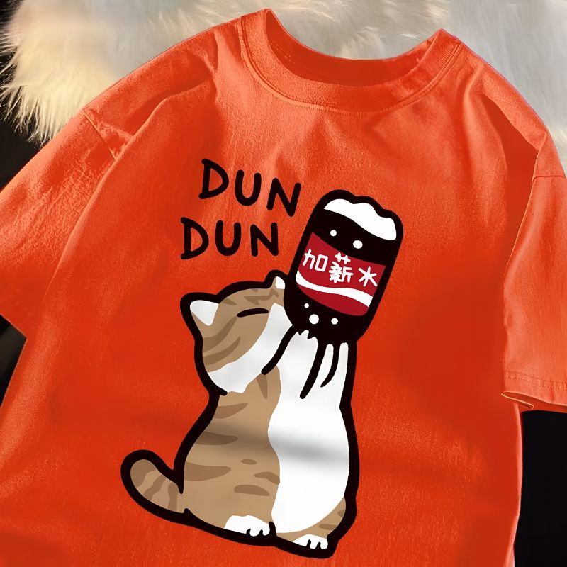 Orange_Cute Drinking Cat Print Oversized T-Shirt (1)