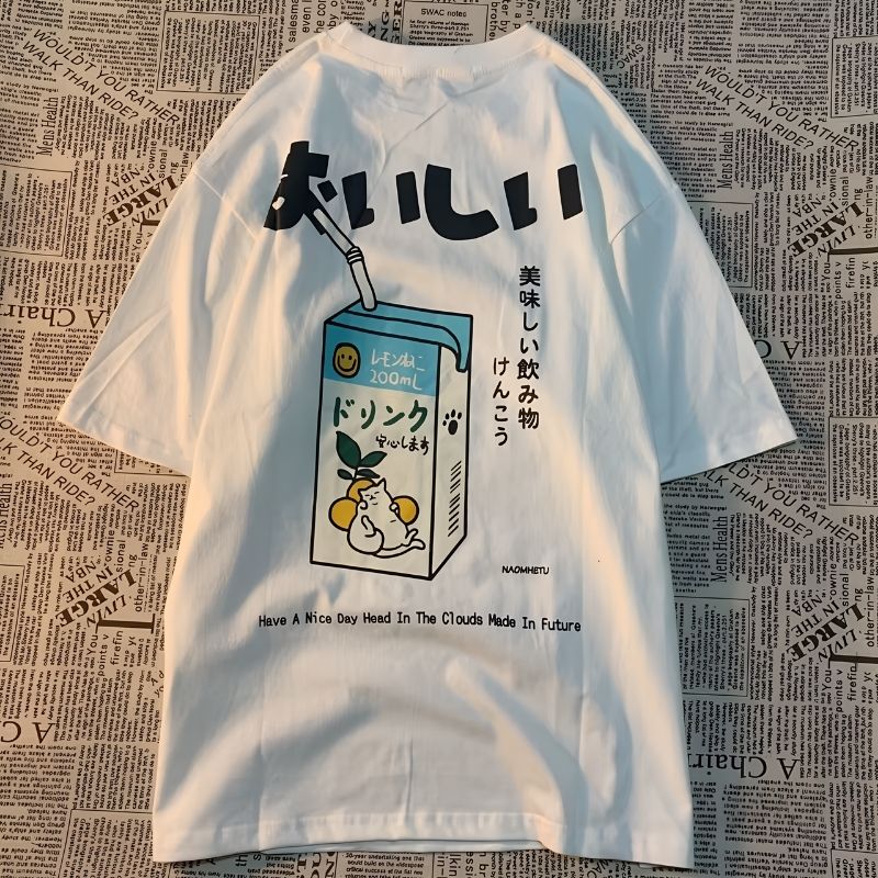 White_Cute Japanese Print Oversized T-Shirt
