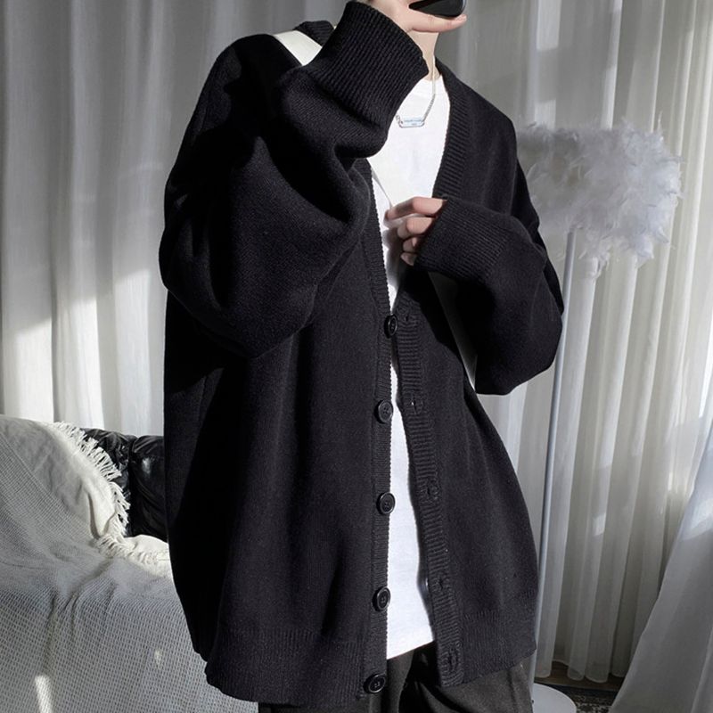 black_Men’s V-Neck Knitted Loose-Fit Cardigan