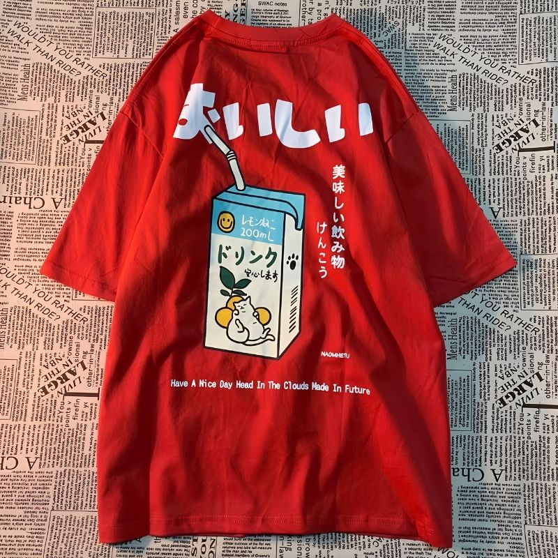 Red_Cute Japanese Print Oversized T-Shirt