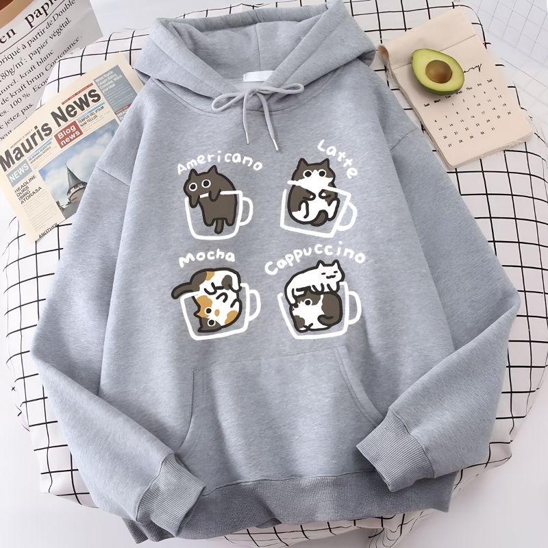 Gray_Cats & Cups Print Men’s Hoodie