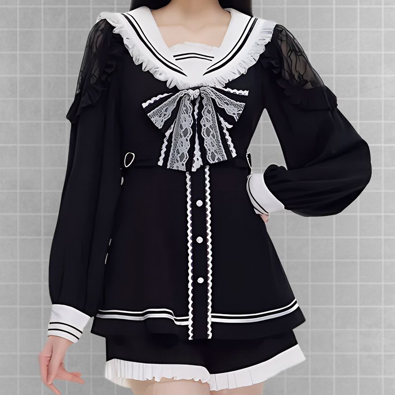 black dress, bow dress, long sleeve dress, gothic dress, japanese dress, dress with shorts