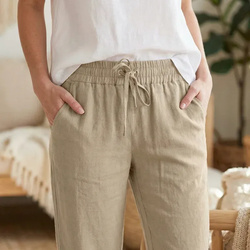 womens pants, cotton pants, straight leg pants, drawstring pants, cotton linen pants