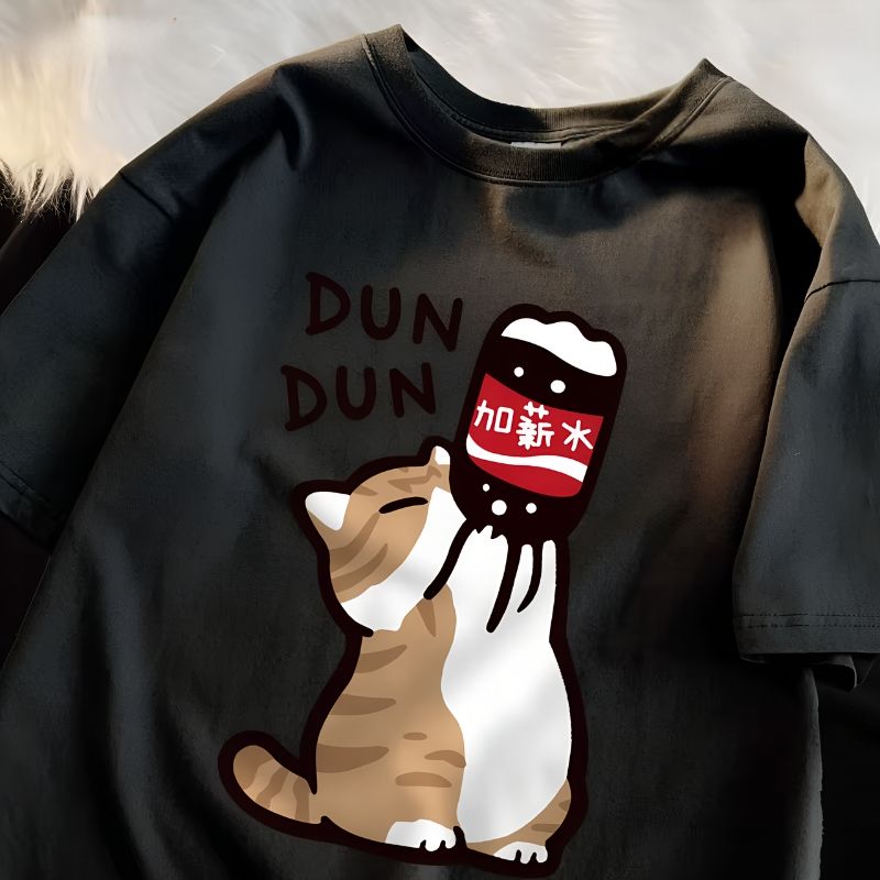 Black_Cute Drinking Cat Print Oversized T-Shirt